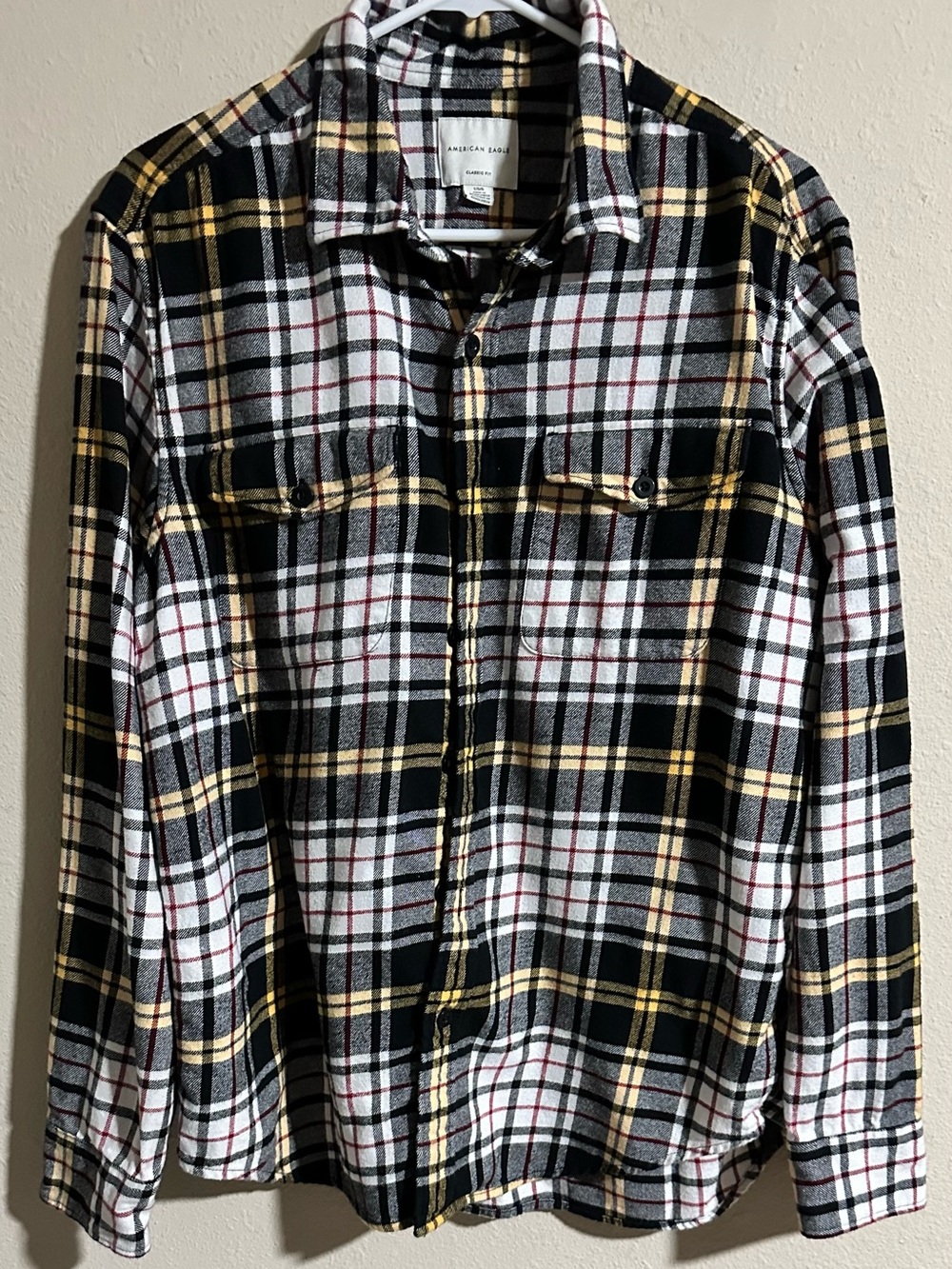 American Eagle Outfitters Flannel Black, White & Yellow Plaid Button-Down Shirt